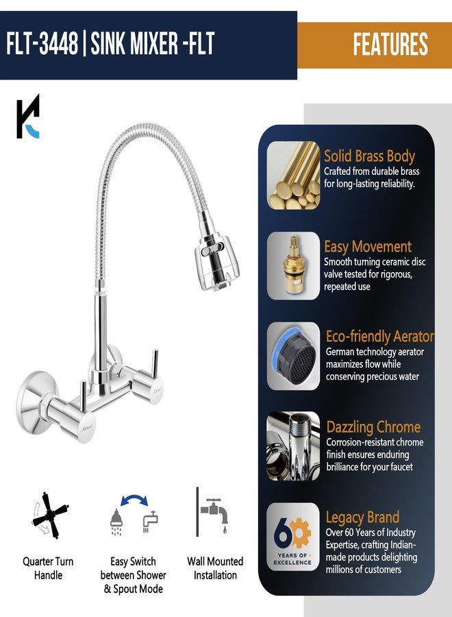 KAMAL Brass Sink Mixer FLT (Hot & Cold Mixer) Two Knobs | Fully Flexible SS 304 Spout with Dual Flow Switch | Shiny Chrome Finish - Silver - Image 4